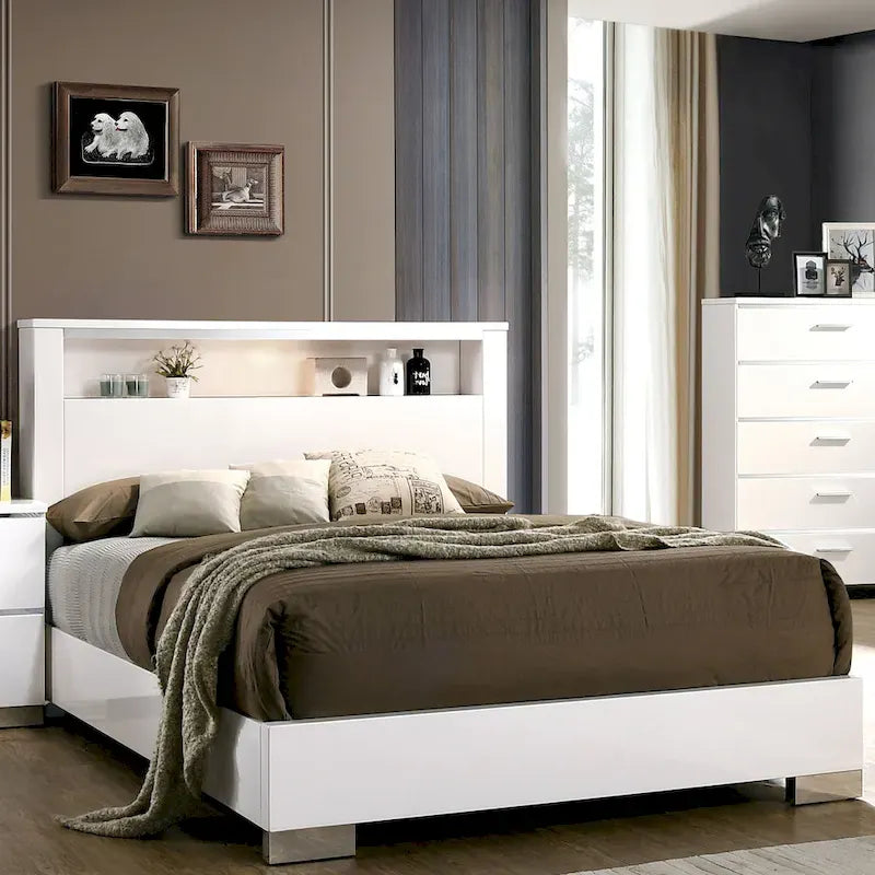Ensemble de chambre à coucher 2 pièces en bois massif contemporain : lit avec panneau de rangement et commode haute