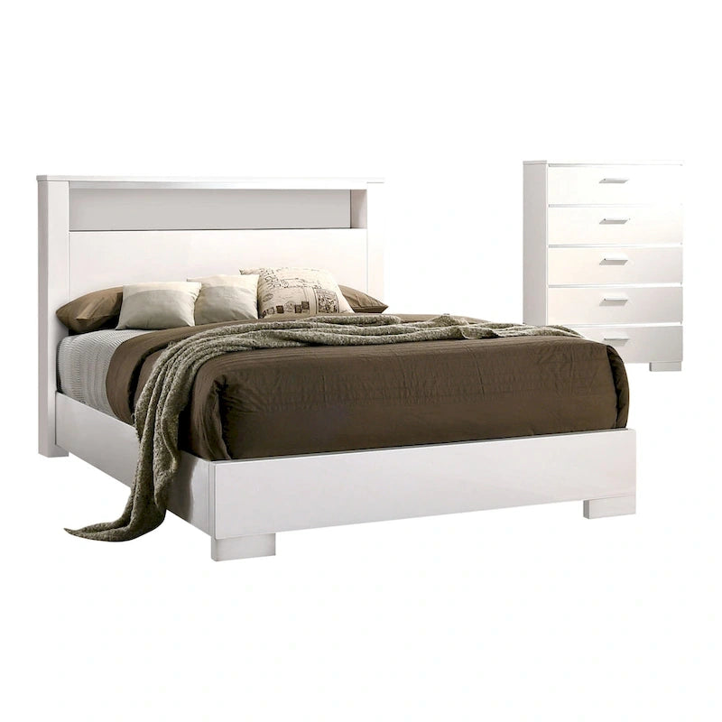 Ensemble de chambre à coucher 2 pièces en bois massif contemporain : lit avec panneau de rangement et commode haute