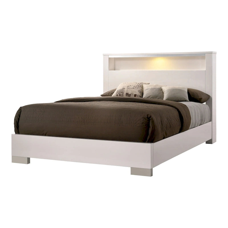 Ensemble de chambre à coucher 2 pièces en bois massif contemporain : lit avec panneau de rangement et commode haute