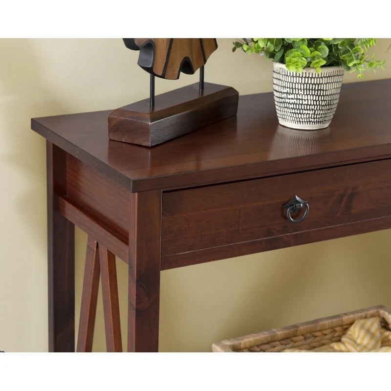 Console rustique en bois finition tabac antique, entrée et salon