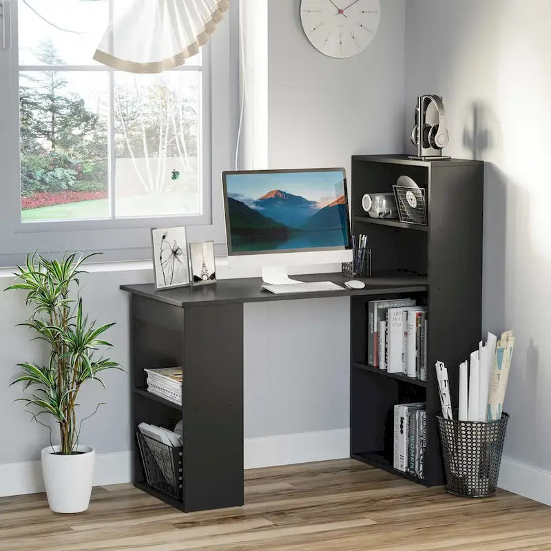 Bureau d'ordinateur moderne compact avec étagère à 6 niveaux intégrée, poste de travail pour bureau à domicile