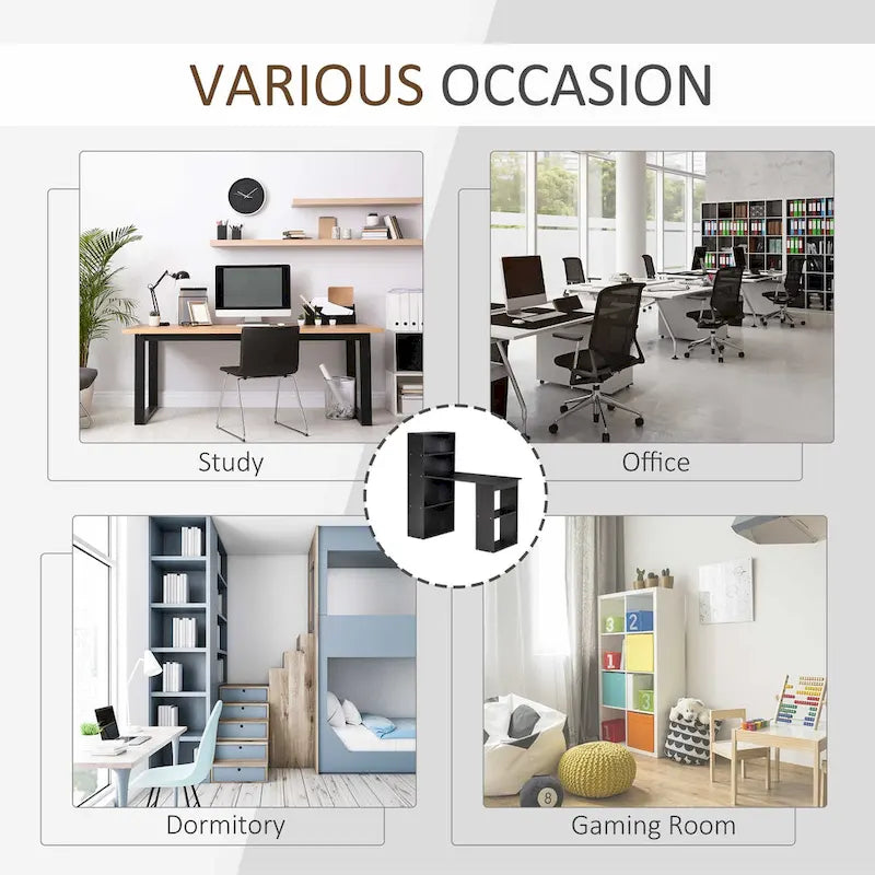 Bureau d'ordinateur moderne compact avec étagère à 6 niveaux intégrée, poste de travail pour bureau à domicile