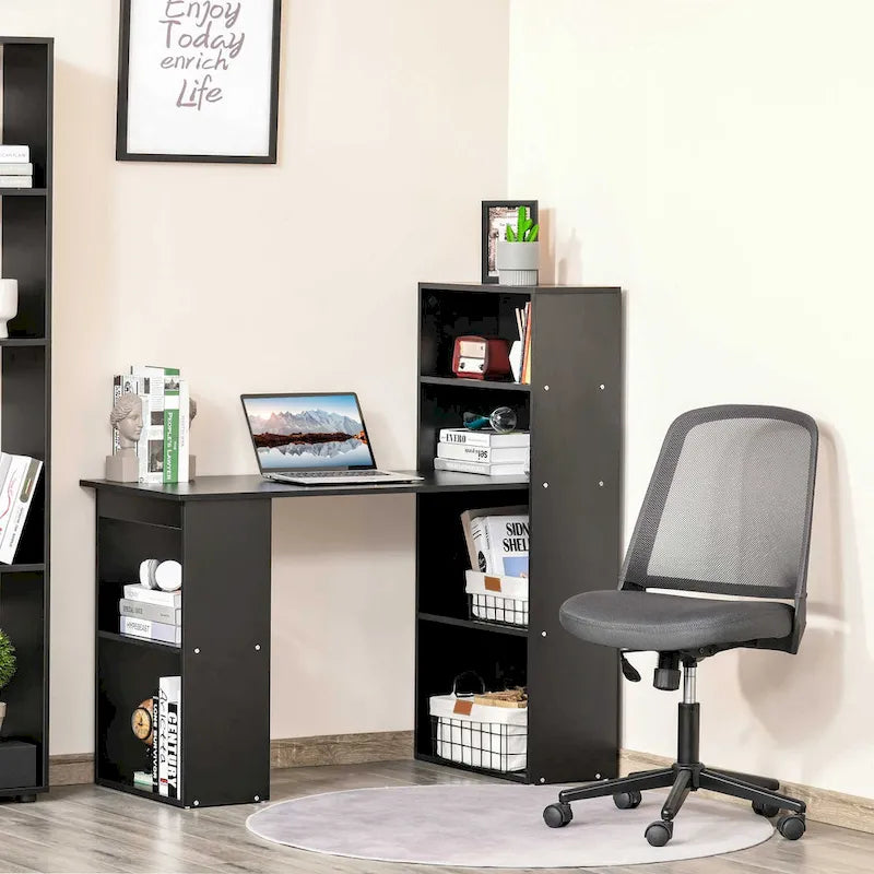 Bureau d'ordinateur moderne compact avec étagère à 6 niveaux intégrée, poste de travail pour bureau à domicile