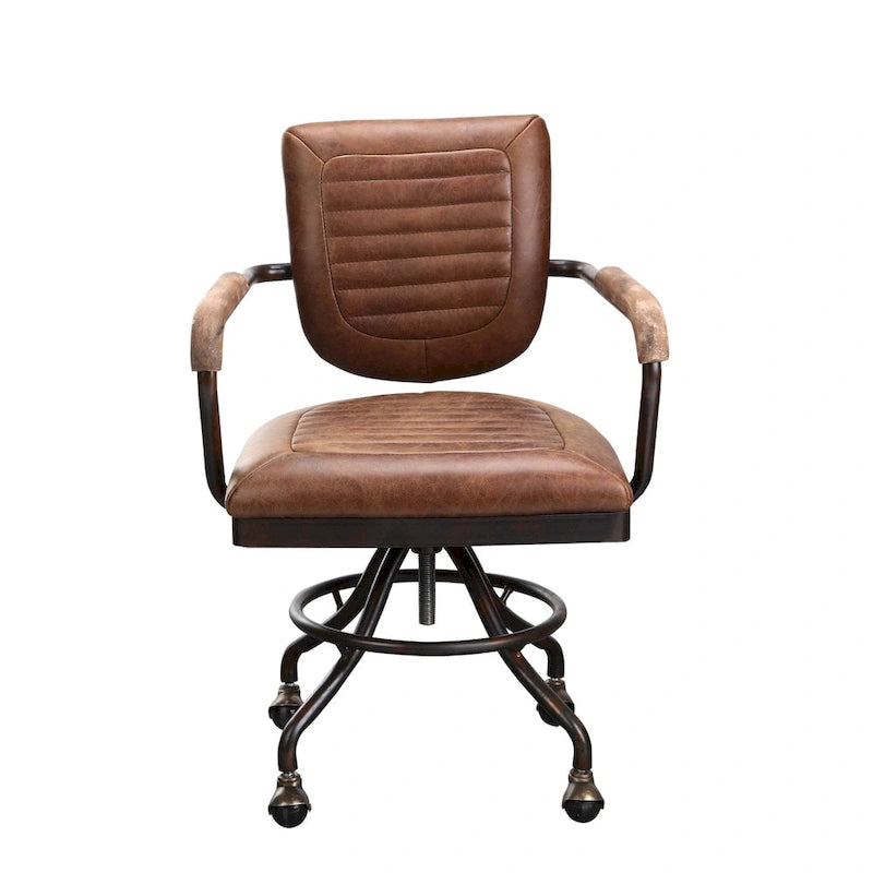 Chaise de bureau rustique vintage en cuir marron doux, hauteur réglable
