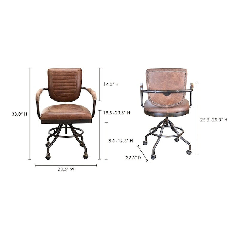 Chaise de bureau rustique vintage en cuir marron doux, hauteur réglable