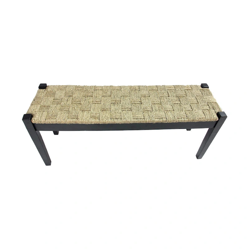 Banc d'intérieur en bois massif et jonc de mer naturel, style bohème, pièce d'appoint pour salon