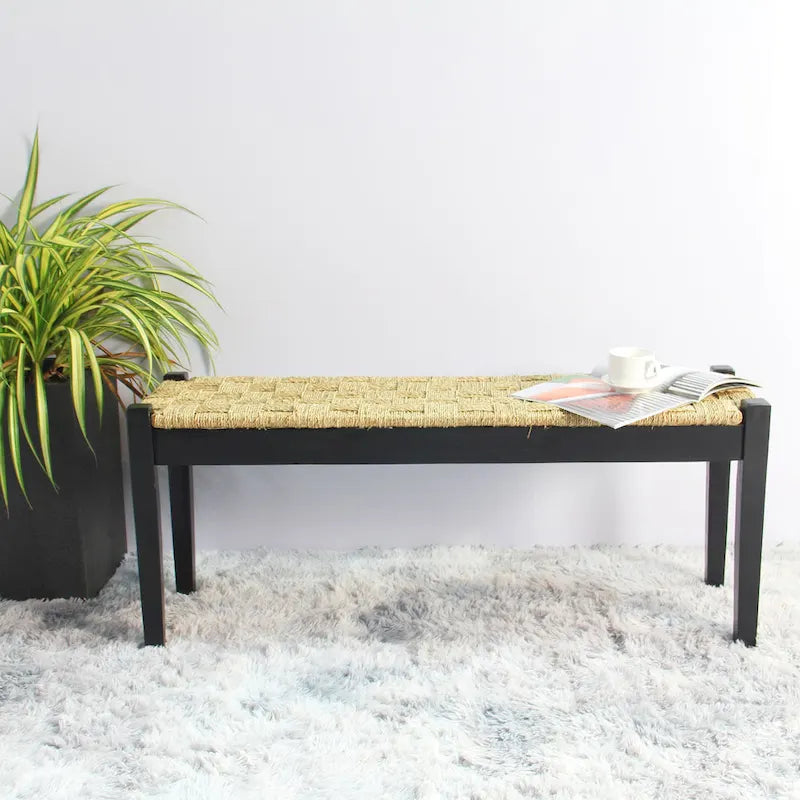 Banc d'intérieur en bois massif et jonc de mer naturel, style bohème, pièce d'appoint pour salon
