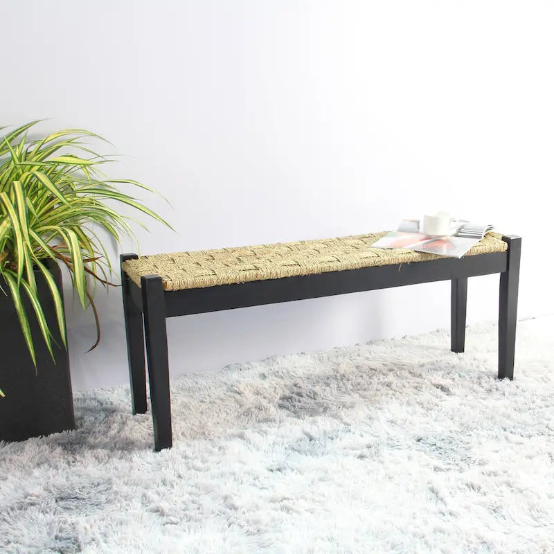 Banc d'intérieur en bois massif et jonc de mer naturel, style bohème, pièce d'appoint pour salon