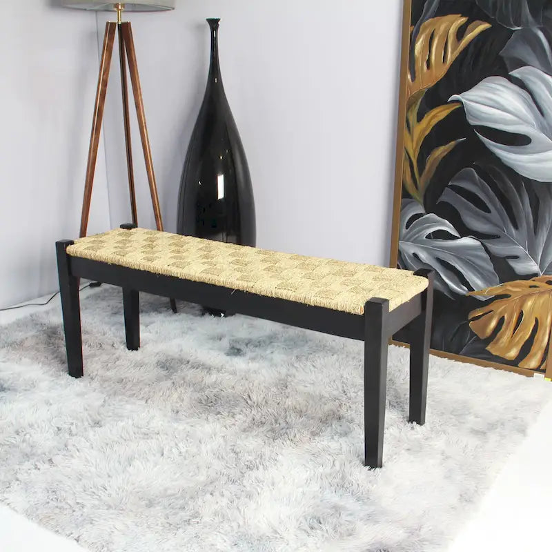Banc d'intérieur en bois massif et jonc de mer naturel, style bohème, pièce d'appoint pour salon