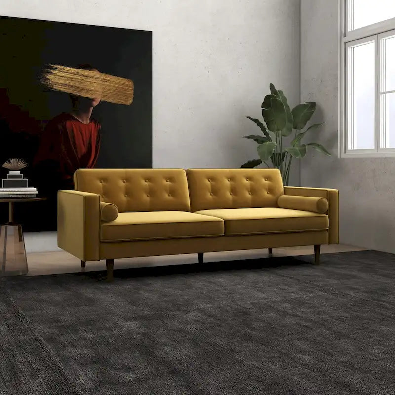 Canapé Clayton en velours doré, style mobilier Mid-Century Modern pour salon