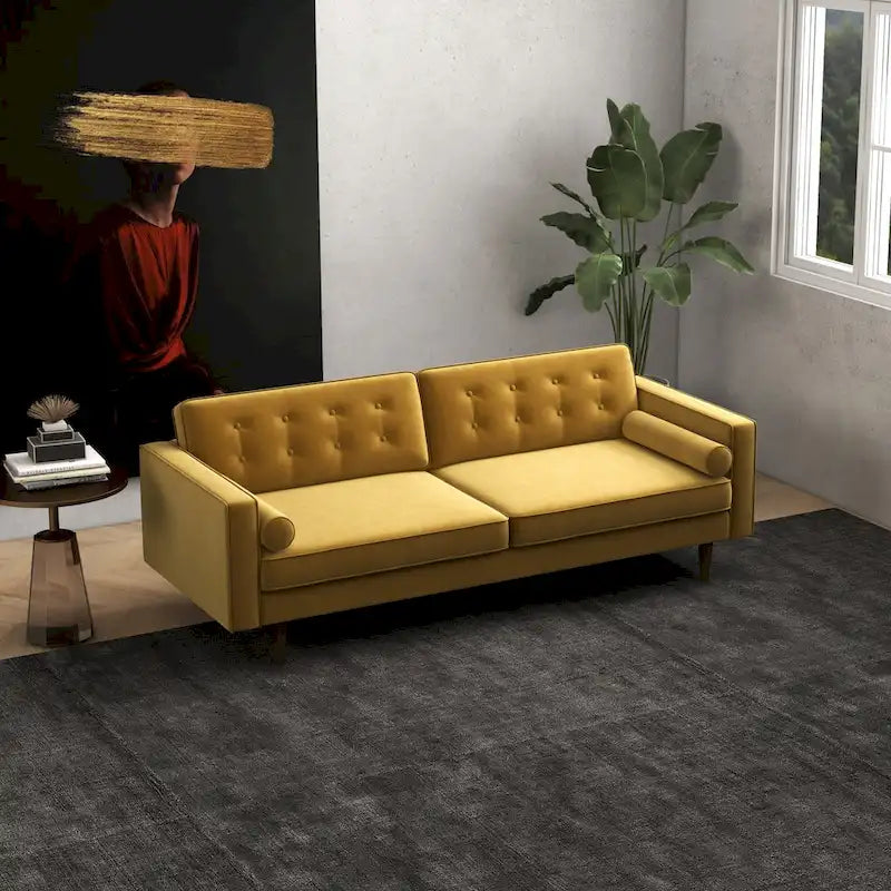 Canapé Clayton en velours doré, style mobilier Mid-Century Modern pour salon