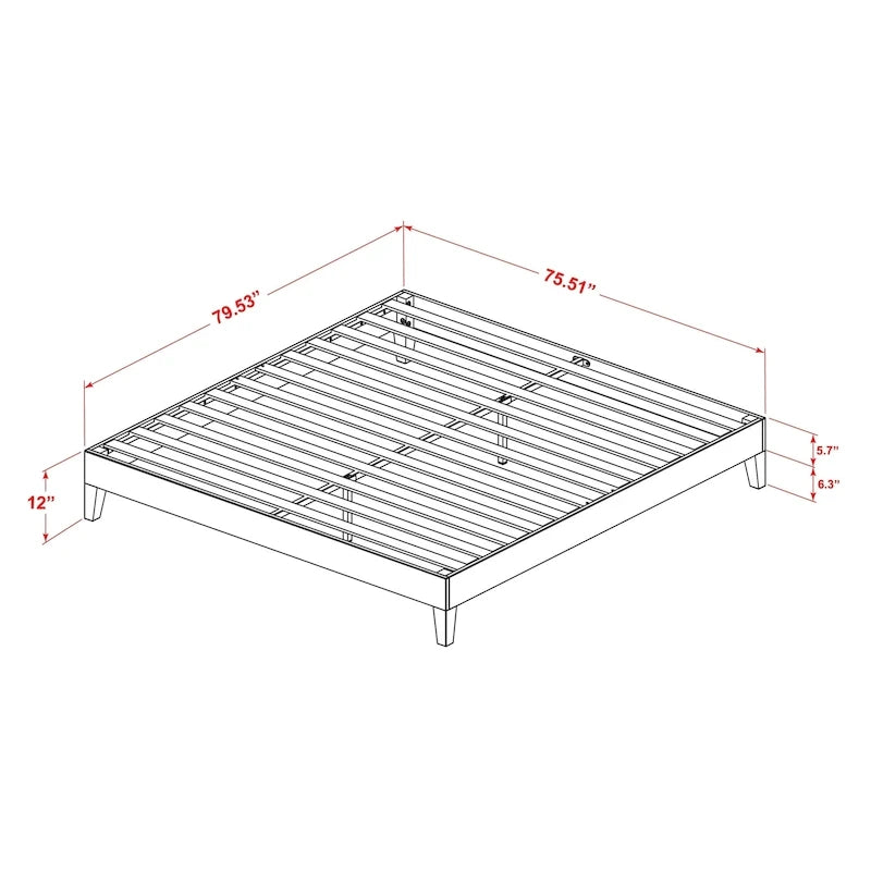 Cadre de lit plateforme King avec 6 pieds en bois massif, support central robuste, options de couleur