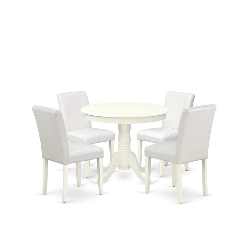 East West Furniture Ensemble de table à manger - Une table de cuisine ronde et des chaises Parson en faux cuir blanc, blanc lin (options de pièces)
