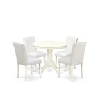 East West Furniture Ensemble de table à manger - Une table de cuisine ronde et des chaises Parson en faux cuir blanc, blanc lin (options de pièces)