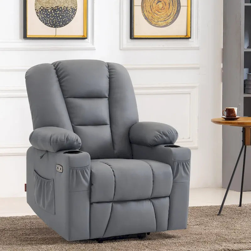 Petit fauteuil inclinable releveur électrique avec massage et chauffage, en similicuir, adapté aux personnes âgées