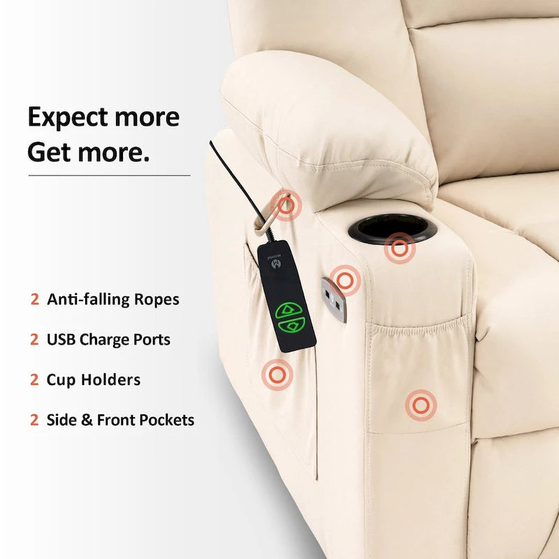 Petit fauteuil inclinable releveur électrique avec massage et chauffage, en similicuir, adapté aux personnes âgées