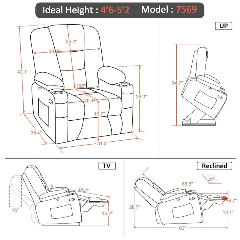 Petit fauteuil inclinable releveur électrique avec massage et chauffage, en similicuir, adapté aux personnes âgées