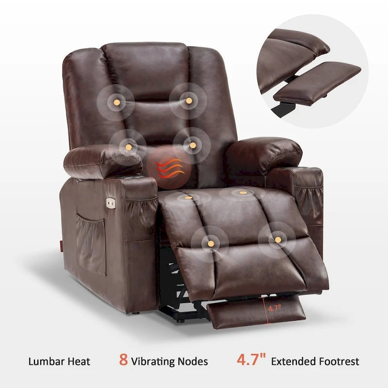 Petit fauteuil inclinable releveur électrique avec massage et chauffage, en similicuir, adapté aux personnes âgées