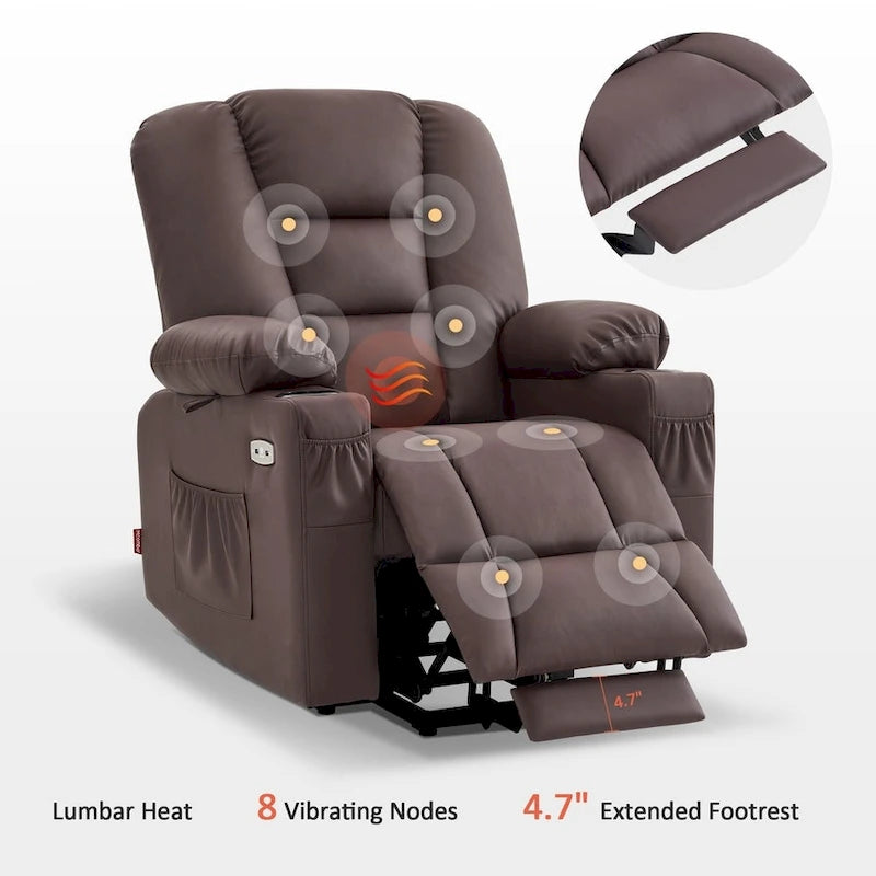 Petit fauteuil inclinable releveur électrique avec massage et chauffage, en similicuir, adapté aux personnes âgées
