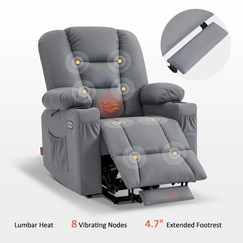 Petit fauteuil inclinable releveur électrique avec massage et chauffage, en similicuir, adapté aux personnes âgées