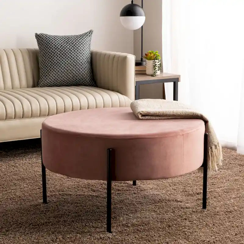 Pouf de cocktail rond en velours, dessus capitonné, accent de salon moderne