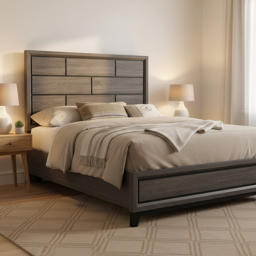 Mazie Queen Bed, Brick Style Headboard, Black Tapered Legs, Oak Gray Wood