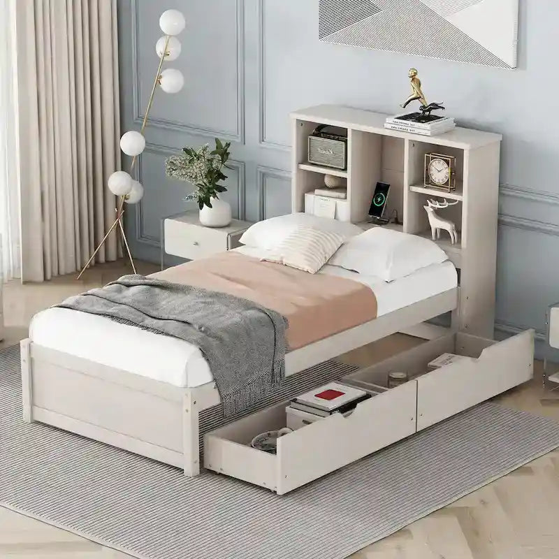 Cadre de lit moderne double avec port USB intégré sur la tête de lit bibliothèque et 2 tiroirs pour chambre à coucher, salon