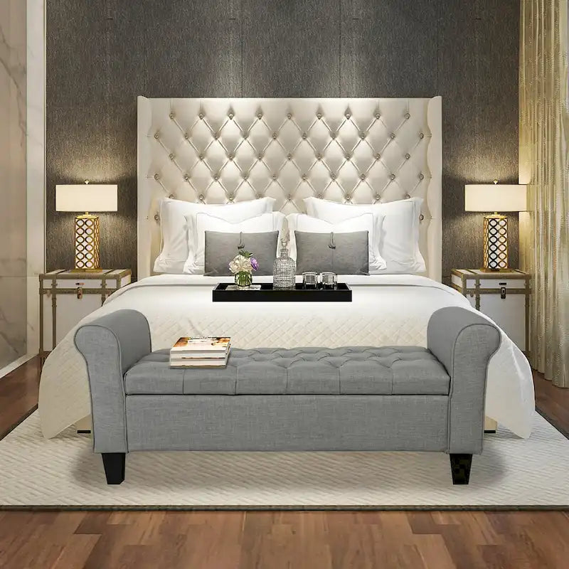 Banc de rangement capitonné en tissu avec couvercle rabattable, Siège de couloir rembourré