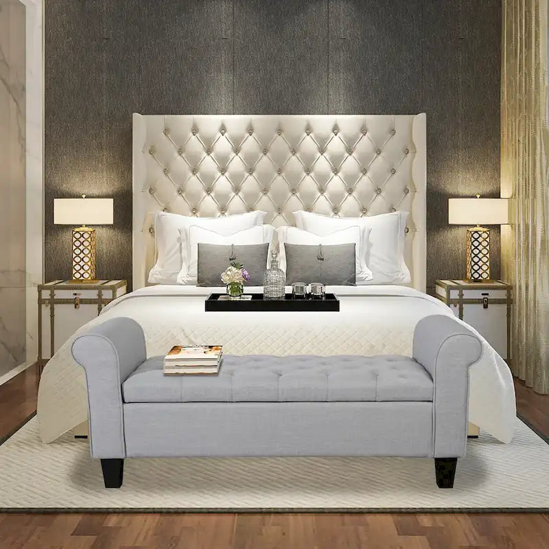 Banc de rangement capitonné en tissu avec couvercle rabattable, Siège de couloir rembourré