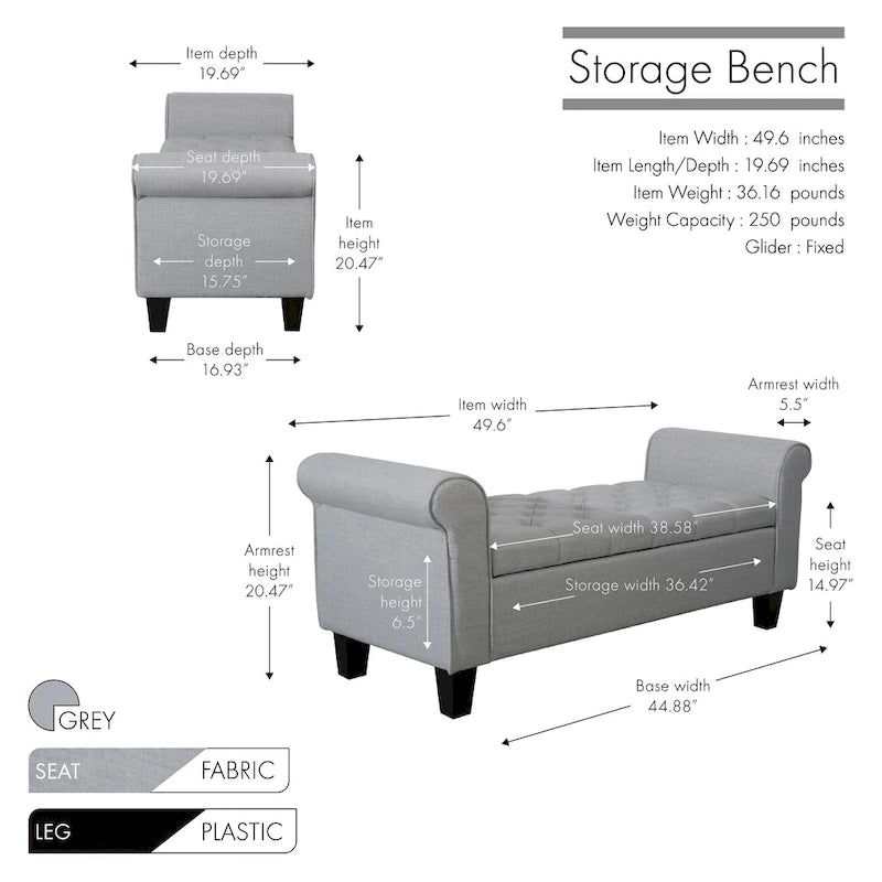 Banc de rangement capitonné en tissu avec couvercle rabattable, Siège de couloir rembourré