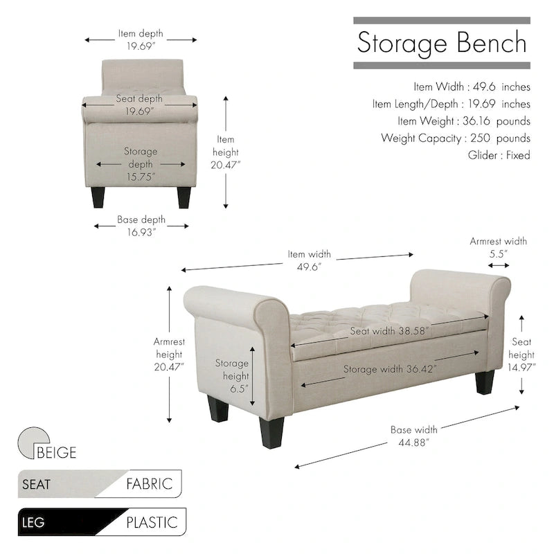 Banc de rangement capitonné en tissu avec couvercle rabattable, Siège de couloir rembourré