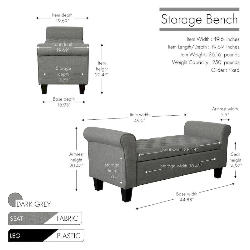 Banc de rangement capitonné en tissu avec couvercle rabattable, Siège de couloir rembourré