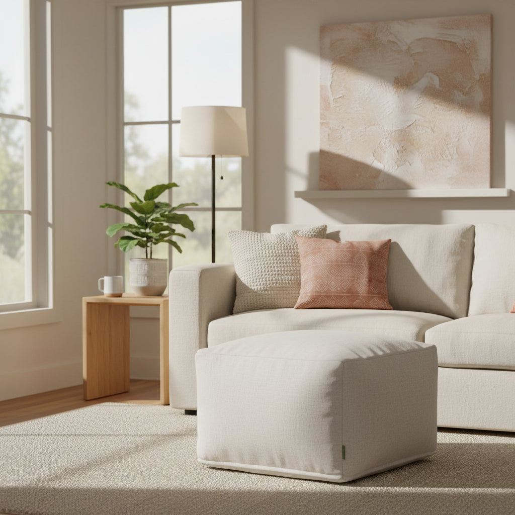 Majestic Home Goods Indoor Wales Poly/Linen Ottoman Pouf 27 in L x 27 in W x 17 in H