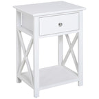 Table d'appoint, table de chevet de style campagnard avec tiroir de rangement, étagère ouverte et cadre en X, table de chevet pour salon, blanc