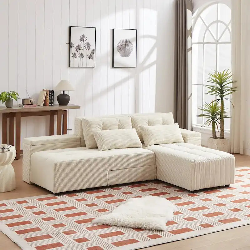 Canapé-lit et ensemble sectionnel modulaires en velours côtelé, beige, conception 3-en-1