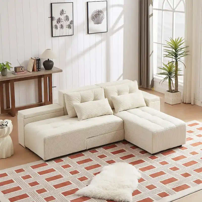 Canapé-lit et ensemble sectionnel modulaires en velours côtelé, beige, conception 3-en-1