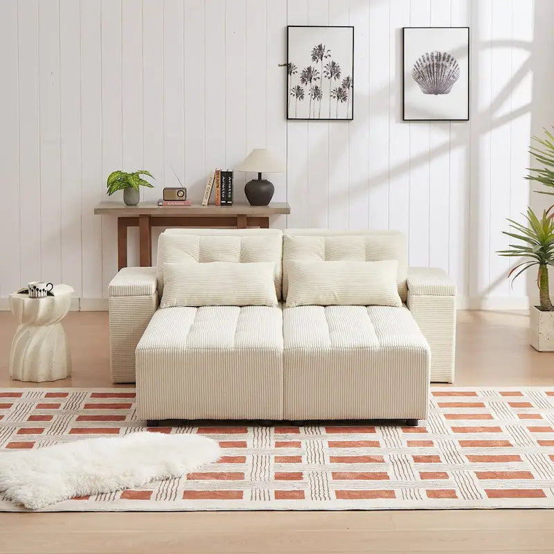 Canapé-lit et ensemble sectionnel modulaires en velours côtelé, beige, conception 3-en-1