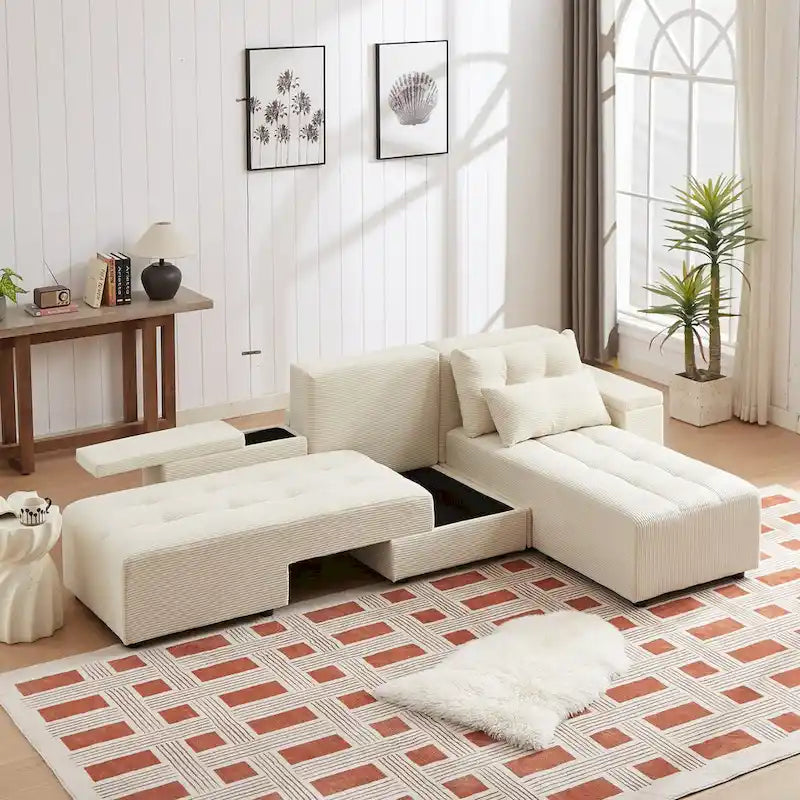 Canapé-lit et ensemble sectionnel modulaires en velours côtelé, beige, conception 3-en-1