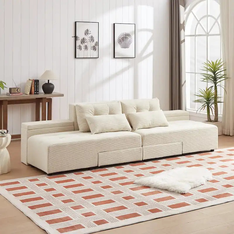 Canapé-lit et ensemble sectionnel modulaires en velours côtelé, beige, conception 3-en-1