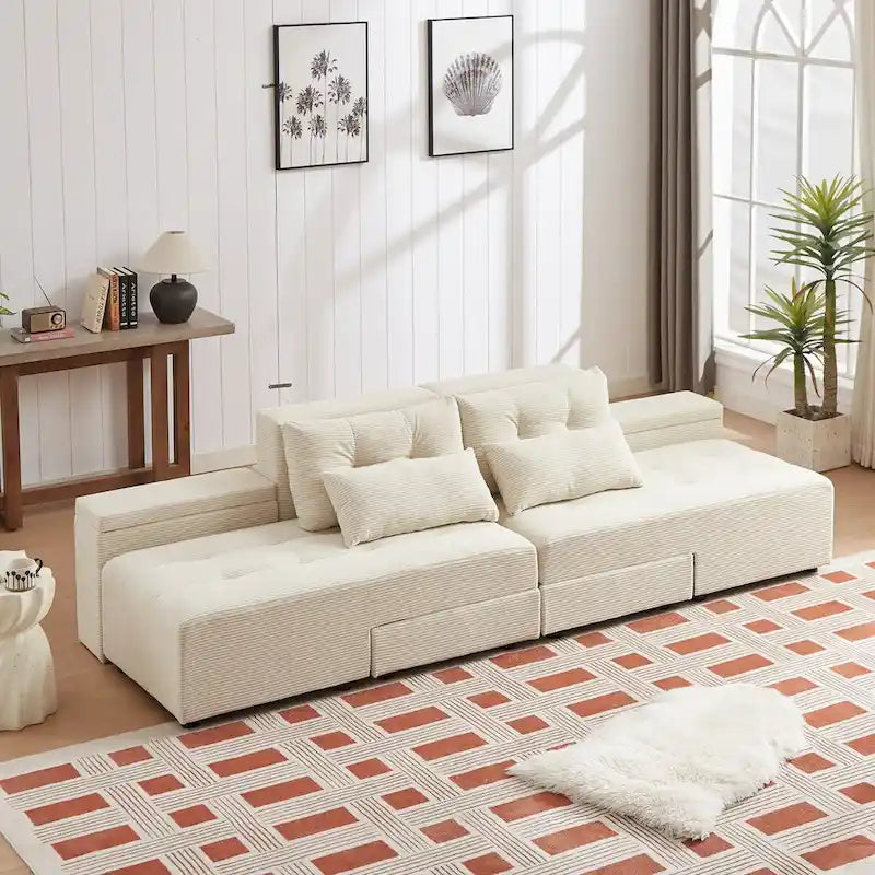 Canapé-lit et ensemble sectionnel modulaires en velours côtelé, beige, conception 3-en-1