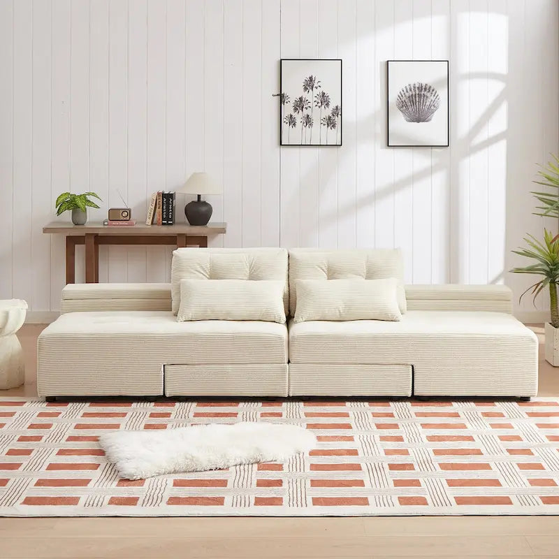 Canapé-lit et ensemble sectionnel modulaires en velours côtelé, beige, conception 3-en-1