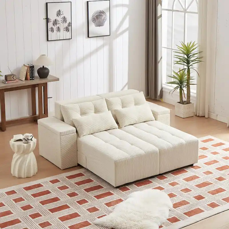 Canapé-lit et ensemble sectionnel modulaires en velours côtelé, beige, conception 3-en-1