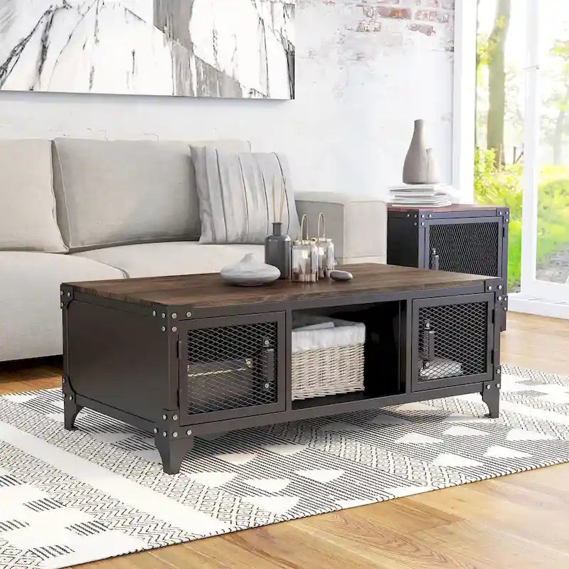 Ensemble de 2 tables basses et d'appoint avec rangement Conner Rustic en noyer foncé et acier de Furniture of America