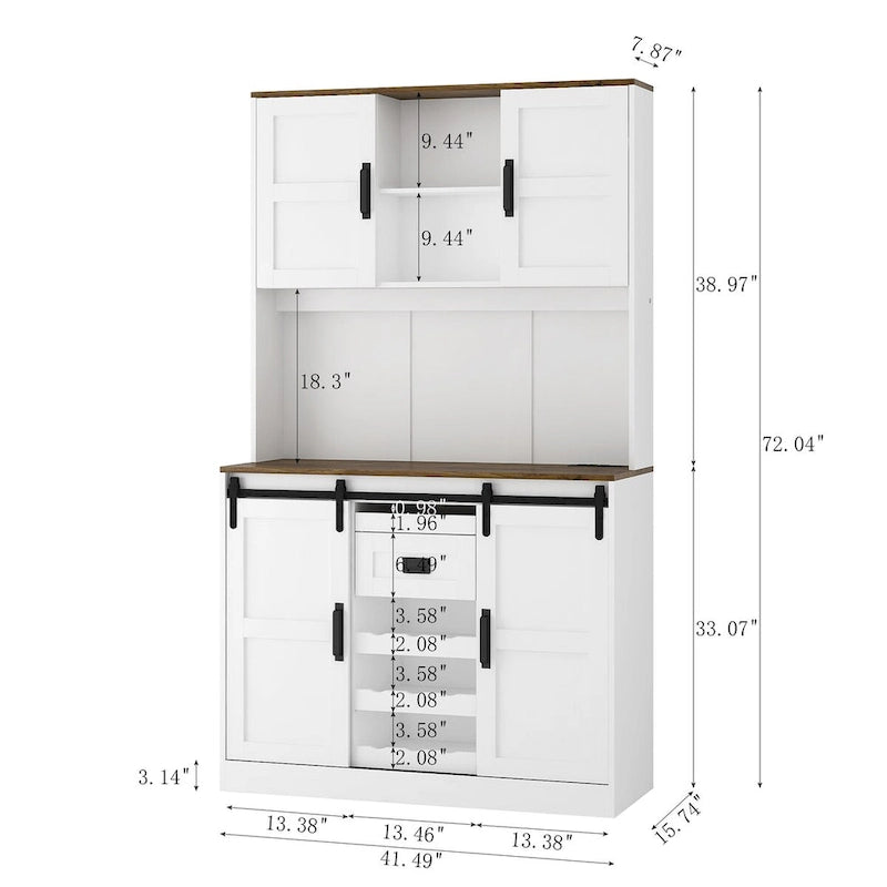 Meuble bar de ferme avec porte coulissante, grand buffet de cuisine, table de chevet de bar à café rustique, blanc