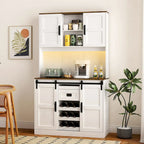Meuble bar de ferme avec porte coulissante, grand buffet de cuisine, table de chevet de bar à café rustique, blanc