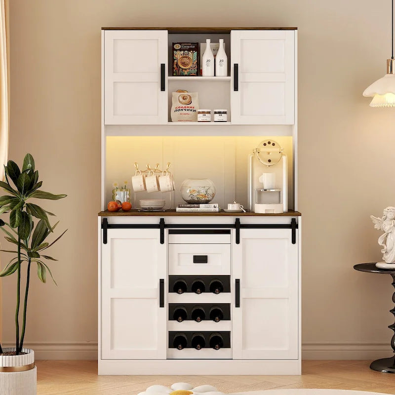 Meuble bar de ferme avec porte coulissante, grand buffet de cuisine, table de chevet de bar à café rustique, blanc