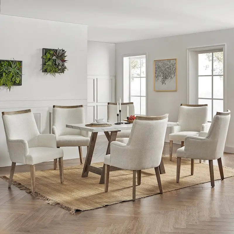 Lot de 6 chaises de salle à manger en bois massif rembourrées de style rustique, assise en tissu de lin