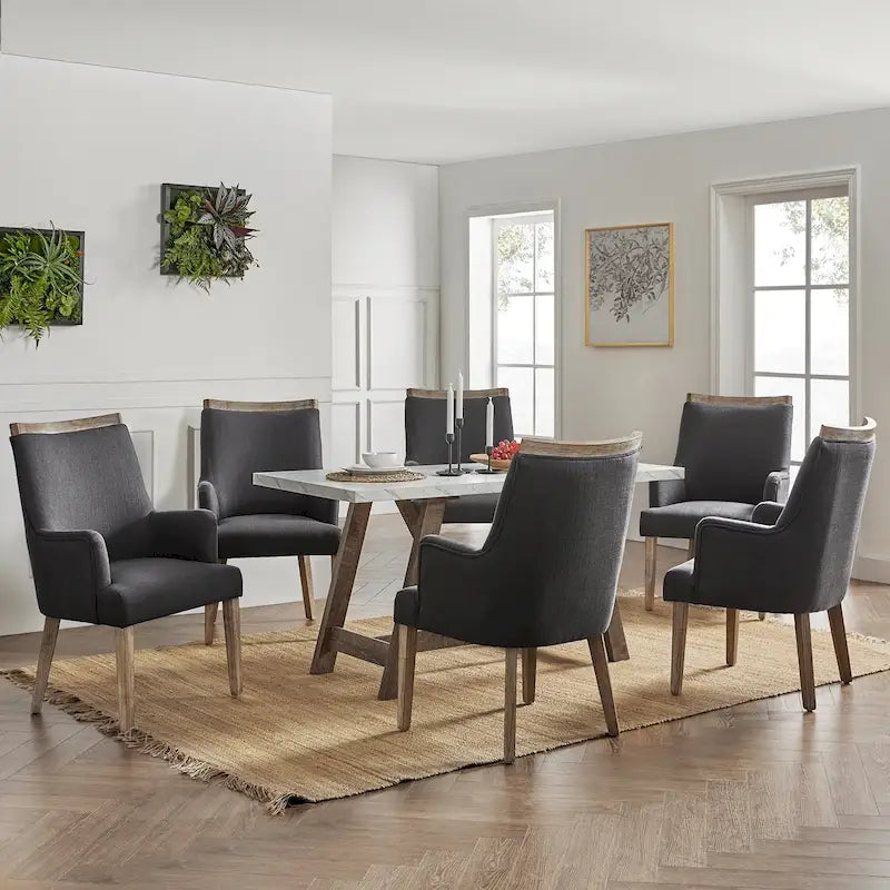 Lot de 6 chaises de salle à manger en bois massif rembourrées de style rustique, assise en tissu de lin