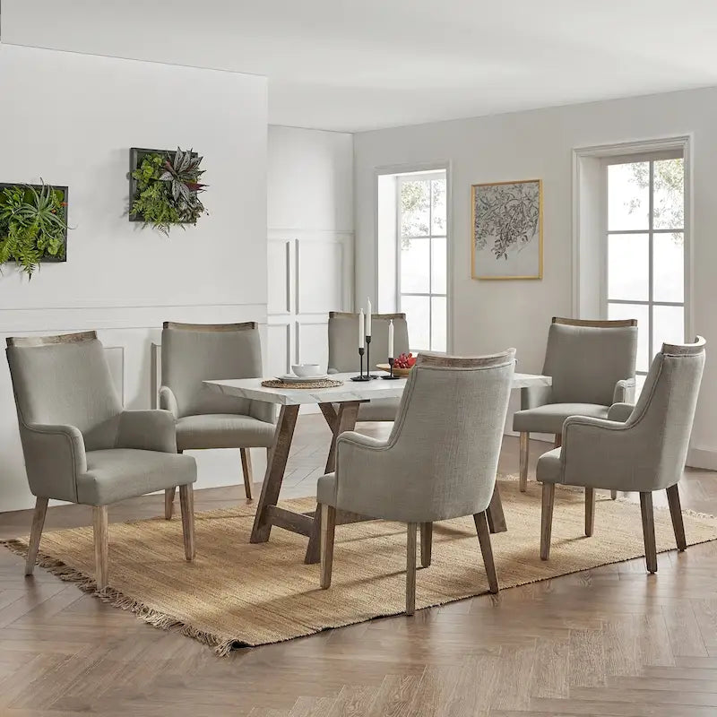Lot de 6 chaises de salle à manger en bois massif rembourrées de style rustique, assise en tissu de lin