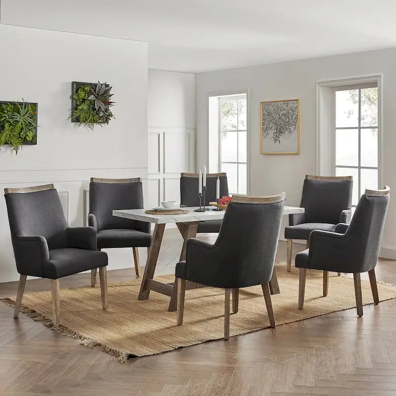 Lot de 6 chaises de salle à manger en bois massif rembourrées de style rustique, assise en tissu de lin